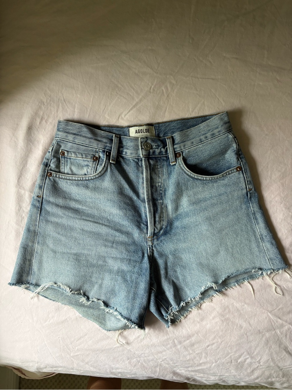 Agolde Light Wash High-Rise Raw Hem Denim Shorts